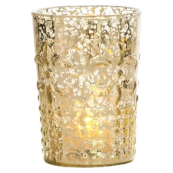 Vintage Mercury Glass Candle Holder (4-Inch, Fleur Design, Flower Motif, Gold) - For Home Decor, Party Decorations, And Wedding Centerpieces