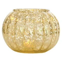 Large Vintage Mercury Glass Candle Holder (5-Inch, Autumn Design, Gold) - Decorative Candle Holder - For Parties, Weddings, And Homes