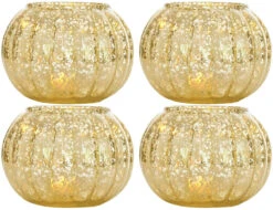 4 Pack | Small Vintage Mercury Glass Candle Holders (3.5-Inch, Autumn Design, Gold) - For Home Decor, Party Decorations, And Wedding Centerpieces
