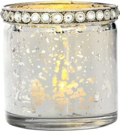 BLOWOUT Vintage Mercury Glass Candle Holder With Rhinestones (2.5-Inch, Thea Design, Silver) - For Use With Tea Lights - For Home Decor, Parties, And Wedding Decorations