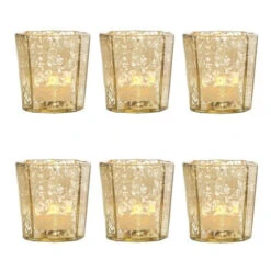 6 Pack | Vintage Mercury Glass Tealight Candle Holders (2.75-Inch, Patricia Design, Gold) - For Use With Tea Lights - For Home Decor, Parties, And Wedding Decorations