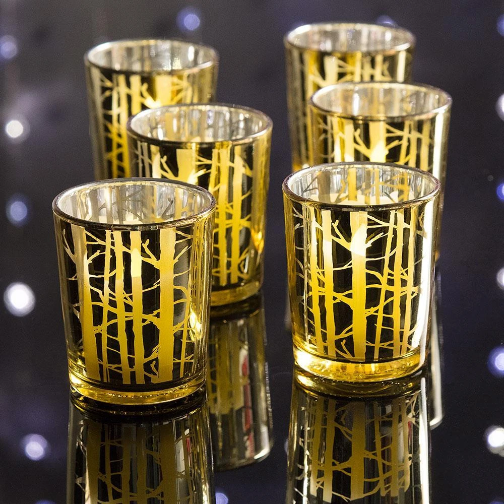 BLOWOUT Birch Forest Votive Tea Light Glass Candle Holder - Gold (2.5 Inches) (6 PACK) 3 BLOWOUT Birch Forest Votive Tea Light Glass Candle Holder - Gold (2.5 Inches) (6 PACK)